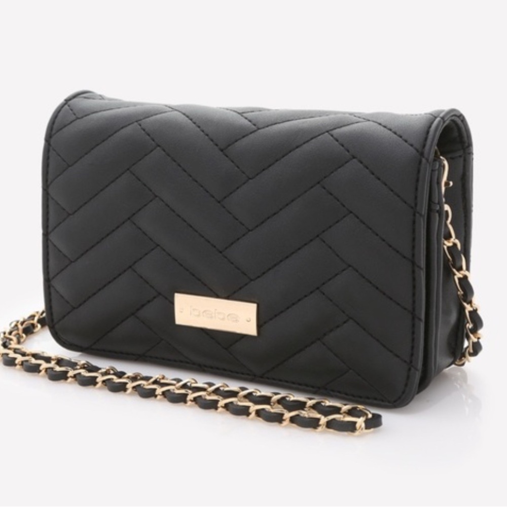 Bebe Quilted Black Crossbody with Gold Chain
